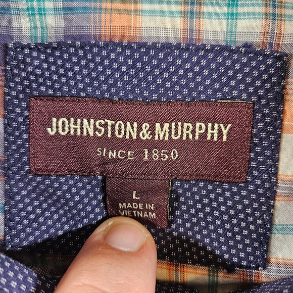 Johnston & Murphy Shirt Men Large Short Sleeve‎ Orange Green Blue Plaid - Picture 2 of 11